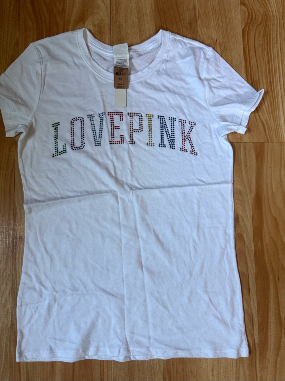 PINK Victoria's Secret White Short Sleeve Tee with Multicolor Studded LOVE PINK